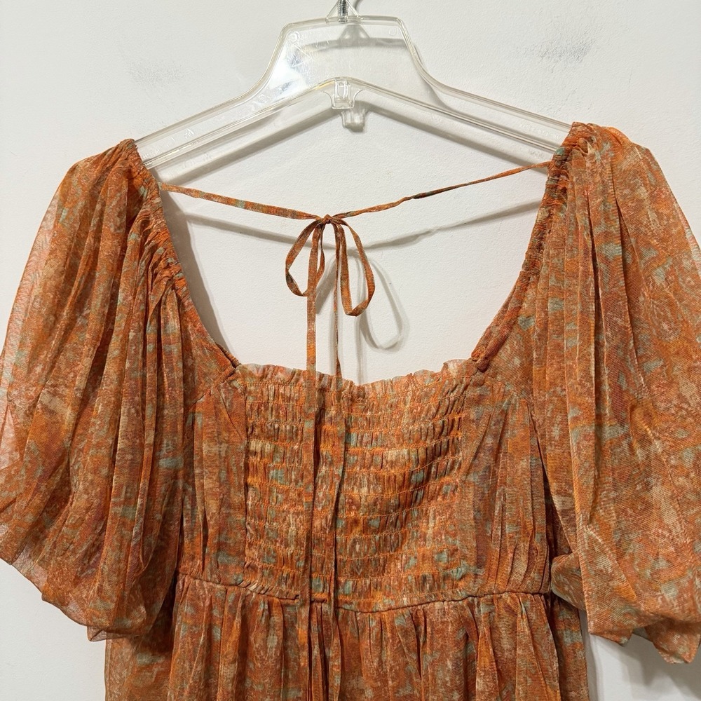 Free People Top XL Penelope Printed Smocked Peplum Top Orange Chiffon Summer NEW - Picture 7 of 10